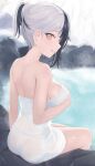  1girl absurdres ass black_hair breasts from_behind highres hololive hololive_english large_breasts multicolored_hair naked_towel onsen shiori_novella short_ponytail sitting soaking_feet split-color_hair steam towel twitter_username virtual_youtuber wet white_hair yellow_eyes zinkaa 