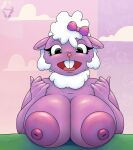 2024 absurd_res anthro areola big_areola big_breasts black_eyes bovid bow_tie breast_rest breasts buckteeth caprine digital_media_(artwork) female front_view fur furniture greey hair happy_tree_friends hi_res huge_areola huge_breasts lammy_(htf) looking_at_viewer mammal mondo_media nipples nude open_mouth pac-man_eyes purple_areola purple_body purple_fur purple_nipples purple_wool shaded simple_background solo table teeth white_body white_fur white_hair white_wool wool_(fur)