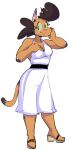  2020 anthro breasts calico_cat calika cleavage clothed clothing dbaru domestic_cat dress felid feline felis female footwear green_sclera hi_res mammal mighty_magiswords mottled piebald sandals simple_background solo white_background white_clothing white_dress 