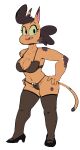  2020 anthro bra breasts calico_cat calika cleavage clothed clothing dbaru domestic_cat felid feline felis female green_sclera hands_on_hips hi_res high_heels mammal mighty_magiswords mottled panties piebald simple_background solo thigh_high_stockings thong underwear white_background 