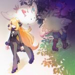  1boy 1girl black_coat black_footwear black_pants black_shirt blonde_hair boots closed_mouth coat commentary_request cynthia_(pokemon) fur-trimmed_coat fur_collar fur_trim grey_eyes hair_ornament hair_over_one_eye hat high_heels huan_li jumpsuit long_hair long_sleeves pants pokemon pokemon_(game) pokemon_dppt pokemon_legends:_arceus shirt smile standing togekiss v-neck volo_(pokemon) wavy_hair 