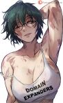  funi_xd glasses green_eyes green_hair highres jujutsu_kaisen muscular muscular_female one_eye_closed scar scar_on_arm scar_on_face short_hair solo white_background zen&#039;in_maki 