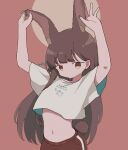  1girl animal_ears arms_up brown_eyes brown_hair circle closed_mouth commentary crop_top crop_top_overhang cropped_shirt earrings extra_ears hands_on_animal_ears highres jewelry long_hair looking_at_viewer midriff multicolored_nails nail_polish original print_shirt rabbit_ears rabbit_girl rabbit_tail red_background rororodly shirt solo t-shirt tail two-sided_fabric upper_body very_long_hair white_shirt 