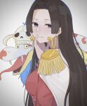  1girl animal black_hair blue_eyes cape commentary_request earrings epaulettes highres hime_cut jewelry looking_at_viewer one_piece sa_wint salome_(one_piece) simple_background snake snake_earrings white_background white_cape 