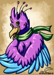 anthro avian beak biped bird blue_body clothing feathered_crest feathered_wings feathers galliform green_eyes gyro_feather gyrotech head_crest male peafowl phasianid pink_body portrait scarf scruffasus winged_arms wings