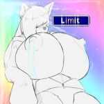 1:1 anthro anuki big_breasts bodily_fluids breast_expansion breasts canid canine clothing expansion hair hi_res hoodie huge_breasts lactating lactation_denial long_hair mammal nipples solo topwear