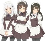  3girls alternate_costume apron black_pantyhose black_ribbon blunt_bangs blush braid brown_dress brown_eyes brown_hair closed_mouth collared_dress collared_shirt cowboy_shot crossed_arms crossed_bangs dress enmaided frilled_apron frills fubuki_(kancolle) green_eyes grey_eyes hair_between_eyes isonami_(kancolle) juliet_sleeves kantai_collection long_hair long_sleeves looking_at_viewer low_ponytail low_twin_braids maid maid_apron maid_headdress medium_hair multiple_girls neck_ribbon open_mouth pantyhose puffy_sleeves purple_ribbon ribbon sakieko shirakumo_(kancolle) shirt sidelocks simple_background sleeve_cuffs smile smug standing twin_braids waist_apron white_apron white_background white_hair white_shirt 