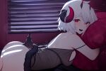  1girl bangs bent_over black_panties breast_press breasts horns indoors leaning_forward looking_at_viewer nano_(nanoless) nanoless nightgown object_hug open_mouth original panties pillow pillow_hug presenting red_eyes short_hair smile tail thighs thong underwear white_hair window 