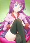  1girl bakemonogatari black_thighhighs blue_eyes breasts closed_mouth collarbone crossed_legs dated feet_out_of_frame gradient_background green_background hands_on_own_knees huumoon juliet_sleeves knee_up legs long_hair long_sleeves looking_at_viewer medium_breasts miniskirt monogatari_(series) naoetsu_high_school_uniform pink_shirt pleated_skirt puffy_sleeves purple_hair school_uniform senjougahara_hitagi shirt signature sitting skirt smile solo thighhighs thighs very_long_hair 