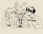  !? 1boy 2girls @_@ absurdres afterimage amami_tokko belt blush closed_mouth collared_shirt confused face-to-face fate/grand_order fate_(series) fujimaru_ritsuka_(female)_(white_christmas) fujimaru_ritsuka_(male)_(white_christmas) glasses hair_ornament hair_over_one_eye hair_scrunchie hands_up highres hood hood_down hooded_jacket interlocked_fingers jacket long_sleeves looking_at_viewer looking_to_the_side mash_kyrielight monochrome motion_lines multiple_girls necktie nervous nervous_sweating one_eye_closed one_eye_covered one_side_up own_hands_together parody profile scrunchie shirt short_hair simple_background smile speech_bubble sweat the_weaker_sex_1_(gibson) turning_head upper_body 