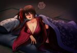  1girl @_@ azur_lane blanket blush breasts brown_eyes brown_hair cleavage futon hair_ribbon hey_taisyou japanese_clothes kimono large_breasts long_hair long_sleeves looking_at_viewer lying on_floor on_side open_mouth pillow red_kimono red_ribbon ribbon side_ponytail solo sweat tatami wide_sleeves zuikaku_(azur_lane) 