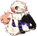 :3 anthro arm_warmers armwear biped black_eyes blush clothing collar domestic_cat felid feline felis fur hi_res legwear looking_at_viewer male mammal rear_view sitting sitting_on_ground solo thigh_highs turning_back white_body white_fur wypher