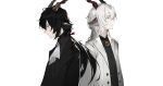  2boys absurdres animal_ears arknights black_hair black_horns black_vs_white character_request closed_mouth formal gem grey_background grey_hair grey_horns hair_ribbon highres horns light_smile long_hair male_focus multiple_boys orange_eyes orange_horns parted_lips ponytail purple_eyes purple_gemstone red_horns red_ribbon ribbon simple_background smile suit upper_body viiiper white_suit 