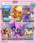  1girl \m/ animal_ears armor awoofy baseball_cap crown fox_ears fox_girl galacta_knight gloves hat heart highres holding holding_shield insect_wings kirby&#039;s_adventure kirby&#039;s_epic_yarn kirby:_triple_deluxe kirby_(series) kirby_and_the_forgotten_land kirby_super_star_ultra lance magolor mask multiple_drawing_challenge ne0n one_eye_closed paint_roller_(kirby) pauldrons polearm prince_fluff purple_eyes queen_sectonia rayman_limbs roller_skates shield shoulder_armor six_fanarts_challenge skates staff star_(symbol) weapon white_gloves wings 