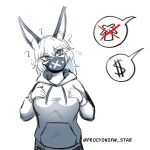 absurd_res anthro big_breasts breasts clothing eyelashes face_mask female grey_eyes hair hi_res hoodie lagomorph leporid long_hair mammal procyon_star question_mark rabbit simple_background solo speech_bubble topwear white_background