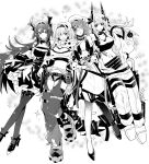  4girls :d :o animal_ears arknights aurora_(arknights) bear_ears bear_girl breasts cleavage cleavage_cutout clothing_cutout detached_sleeves dress eyepatch full_body gloves greyscale hair_intakes hair_ornament hair_over_one_eye hairband hat highres horns infection_monitor_(arknights) iwashi_80 jacket jumpsuit locked_arms long_sleeves material_growth midriff monochrome mudrock_(arknights) mudrock_(elite_ii)_(arknights) multiple_girls navel nurse_cap open_mouth oripathy_lesion_(arknights) patch paw_shoes shoes shorts simple_background smile sparkle sparkle_background sports_bra surtr_(arknights) thighhighs whisperain_(arknights) white_background x_hair_ornament 