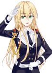  19956802168 1girl absurdres bangs belt black_jacket black_necktie blonde_hair breasts girls&#039;_frontline gloves green_eyes hand_up highres jacket long_hair looking_at_viewer military military_uniform necktie open_mouth salute shirt smile solo standing stg44_(girls&#039;_frontline) uniform white_background white_gloves white_shirt 