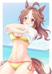  1girl ahoge animal_ears beach bikini blue_sky brown_hair clothes_lift cloud copano_rickey_(umamusume) cowboy_shot day double_bun gurukorian hair_bun highres horizon horse_ears horse_girl horse_tail long_hair looking_at_viewer multicolored_hair ocean open_mouth outdoors red_eyes shirt shirt_lift side-tie_bikini_bottom sky solo streaked_hair swimsuit tail umamusume undressing white_hair white_shirt yellow_bikini 