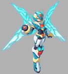  1girl adapted_costume aile_(mega_man_zx) arm_cannon armor black_bodysuit blue_headwear bodysuit clenched_hand dive_armor_x_(mega_man) energy_wings forehead_jewel fusion glowing green_eyes grey_background helmet highres looking_at_viewer mega_man_(series) mega_man_x_(series) mega_man_x_dive mega_man_zx model_x_(mega_man) neon_trim solo ultimatemaverickx weapon white_headwear x_(mega_man) 