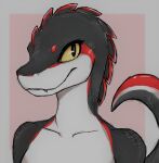 anonymous_artist anthro dinosaur dromaeosaurid female headshot_portrait looking_at_viewer portrait reptile scalie smile solo tail teeth theropod xor yellow_eyes