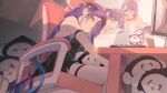  1girl black_shirt black_skirt chair closed_mouth commentary_request gangzi_(vtuber) highres indie_virtual_youtuber keyboard_(computer) long_hair looking_at_viewer monitor myabit on_chair photo_(object) purple_hair shirt sitting skirt solo thigh_strap thighs yellow_eyes 