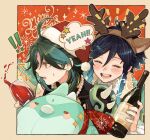  ! !! 2boys :d ^^^ ^_^ absurdres ahoge alcohol animal_ears antlers aqua_hair arm_tattoo artist_name bead_necklace beads black_hair border bottle braid brown_border brown_hairband capelet christmas closed_eyes commentary_request cup deer_ears drinking_glass fake_animal_ears fake_antlers forehead fur-trimmed_headwear fur_trim genshin_impact gradient_hair green_capelet green_hair hair_between_eyes hairband hat highres holding holding_bottle holding_cup horns jewelry laughing looking_to_the_side male_focus medium_hair merry_christmas misoshiru_umai4 multicolored_hair multiple_boys necklace open_mouth outside_border parted_bangs pom_pom_(clothes) red_background red_headwear red_ribbon red_wine reindeer_antlers ribbon santa_hat shirt shoulder_spikes side_braids sidelocks simple_background smile sparkle speech_bubble spikes spilling star_(symbol) streaked_hair striped_background sweatdrop tattoo teeth tongue twin_braids twitter_username upper_body venti_(genshin_impact) watermark white_shirt wide-eyed wine wine_bottle wine_glass xiao_(bird)_(genshin_impact) xiao_(genshin_impact) yellow_eyes 