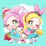  2girls ;d animal_ears aqua_background arm_up blonde_hair blue_dress blue_hairband blush blush_stickers boots bow chibi creature creature_and_personification cure_parfait dress dual_persona earrings elbow_gloves extra_ears eyelashes food-themed_hair_ornament gloves green_eyes hair_ornament hairband head_tilt highres horse_ears horse_tail jewelry kirahoshi_ciel kirakira_precure_a_la_mode knee_boots lace_background long_hair looking_at_viewer magical_girl multiple_girls no_nose one_eye_closed open_mouth pink_bow pink_footwear pink_hair pink_hairband polka_dot polka_dot_background pouch precure shoes short_dress smile star_(symbol) star_in_eye symbol_in_eye tail thighhighs umiyuki_(umi_chu) v white_footwear white_gloves white_thighhighs white_wings wings 