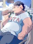  2022 3:4 anthro belly bottomwear clothing domestic_pig drinking hi_res humanoid_hands kemono male mammal outside pants shirt sitting solo suid suina sus_(pig) text text_on_clothing text_on_shirt text_on_topwear topwear train_(artist) 