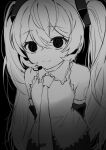  1girl absurdres bare_shoulders collared_shirt dark_background detached_sleeves greyscale hair_between_eyes hair_ornament hatsune_miku headphones highres long_hair looking_at_viewer monochrome necktie shirt simple_background smile solo swept_bangs twintails very_long_hair vocaloid yukia_1128 