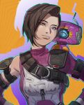  1girl ^_^ animification apex_legends apex_legends_mobile black_hair blue_eyes breasts brown_eyes chinese_commentary chongmingggg closed_eyes drop_shadow heterochromia highres lip_piercing medium_breasts non-humanoid_robot one-eyed orange_background parted_lips piercing purple_sweater rhapsody_(apex_legends) ribbed_sweater robot rowdy_(apex_legends) short_hair single_sleeve smile solo sweater upper_body 