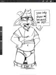  anthro belt bottomwear bottomwear_down bovid briefs caprine clothed clothing eyewear gary_(tinydeerguy) glasses goat hands_on_hips hi_res male mammal navel pants pants_down partially_clothed raised_clothing raised_shirt raised_topwear shirt sketch slightly_chubby solo speech_bubble t-shirt tinydeerguy topwear underwear 