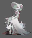  alternate_color black_bow bow chair flower gardevoir gardevoir_(fashionable) green_hair grey_background hair_bow hair_flower hair_ornament hat hat_flower highres kirlia looking_at_viewer on_chair pokemon pokemon_(creature) ralts red_eyes shiny_pokemon simple_background suramo_(lbsto3m) 
