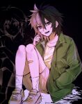  2boys absurdres alt_text antenna_hair bad_id bad_twitter_id bandaid bandaid_on_leg black_eyes black_hair cherry_(sp_gkdla) closed_mouth commentary_request green_jacket hair_between_eyes heterochromia highres isoi_reiji_(rei-kun) jacket korean_commentary male_focus multicolored_hair multiple_boys nanami_izu nervous_smile open_clothes open_jacket open_mouth pink_eyes pink_hair saibou_shinkyoku shirt shoes short_hair shorts sitting smile socks split-color_hair spoilers sweat two-tone_hair white_footwear white_shorts white_socks yellow_shirt 