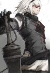  1boy black_hairband blood blood_on_face blue_eyes chain commentary_request hairband highres looking_ahead male_focus medium_hair nier nier_(series) nier_(young) parted_lips simple_background smile solo standing sword teeth tricoliet weapon white_background white_hair 