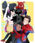  1girl 2girls 4boys black_bodysuit black_hair blonde_hair blue_eyes bodysuit breasts brown_eyes grin hood hood_down hooded_bodysuit koge12 marvel mask medium_breasts miles_morales multiple_boys multiple_girls noogie on_head peni_parker peter_b_parker pig_boy school_uniform short_hair smile spider-gwen spider-man spider-man:_into_the_spider-verse spider-man_(series) spider-man_noir spider-verse spider_web_print tearing_up unworn_mask upside-down 