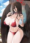  1girl absurdres bikini black_hair black_nails blue_archive breasts cleavage collarbone commentary_request cowboy_shot emirio_(emirio110) hair_between_eyes halo hasumi_(blue_archive) highres large_breasts long_hair looking_at_viewer low_wings mole mole_under_eye outdoors parted_lips red_bikini red_eyes sideboob smile solo swimsuit thighs wings 