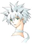  1boy bad_id cropped_shoulders expressionless final_fantasy final_fantasy_unlimited green_eyes hair_between_eyes horns lowres male_focus multiple_horns rendezvous scarf shiroi_kumo simple_background solo upper_body white_background white_hair white_scarf 