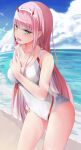  1girl bangs blue_eyes blush breasts candy cleavage darling_in_the_franxx food green_eyes hairband highres horns kurony_(sirony) licking lollipop long_hair looking_at_viewer medium_breasts ocean oni_horns pink_hair red_horns school_swimsuit solo swimsuit wet white_hairband zero_two_(darling_in_the_franxx) 