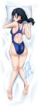  1girl absurdres amano_hina_(tenki_no_ko) ass barefoot black_hair blue_eyes blue_one-piece_swimsuit commission competition_swimsuit dakimakura_(medium) dated from_above from_behind full_body highleg highleg_swimsuit highres kneepits long_hair looking_at_viewer looking_back low_twintails lying on_stomach one-piece_swimsuit pillow pixiv_commission signature soles solo swimsuit tenki_no_ko twintails yoo_tenchi 