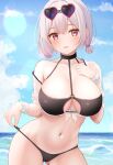 1girl absurdres azur_lane beach bikini black_bikini blush breasts ca_paria commentary_request crop_top cropped_shirt day eyewear_on_head front-tie_top hair_between_eyes hand_on_own_chest hand_up heart heart-shaped_eyewear highres hip_focus large_breasts leaning_to_the_side looking_at_viewer medium_hair navel o-ring o-ring_bikini o-ring_top ocean off_shoulder outdoors parted_lips pink_eyes red_eyes see-through see-through_shirt shirt single_bare_shoulder sirius_(azur_lane) sirius_(scorching-hot_seirios)_(azur_lane) solo standing string_pull sunglasses swimsuit teasing white_hair white_shirt 
