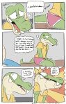 absurd_res alligator alligatorid anthro blush clothed clothing comic crocodile crocodilian crocodylid dialogue duo english_text genitals green_body hi_res male male/male nude penis reptile scalie simple_background smile sodacaps solo speech_bubble tail teeth text