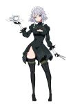  1girl 2b_(nier:automata) 2b_(nier:automata)_(cosplay) black_dress black_thighhighs braid cleavage_cutout clothing_cutout commentary_request cosplay cup dress full_body grey_hair highres holding holding_knife holding_plate izayoi_sakuya knife long_sleeves maid maid_headdress nier:automata nier_(series) plate pochipechi056 short_hair side_braids simple_background solo teacup teapot thighhighs touhou twin_braids white_background 
