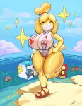  animal_crossing anthro beach big_breasts bikini breasts canid canine canis clothing countershading domestic_dog female female_focus fur happy hi_res huge_breasts humanoid isabelle_(animal_crossing) mammal nintendo seaside shih_tzu snao solo swimwear thick_thighs toy_dog video_games yellow_body yellow_fur 