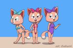 2023 44_cats accessory anthro beach betty_(44_cats) blue_eyes bow_ribbon breasts caluriri centered_hair_bow cherry_(44_cats) cleavage clothed clothing domestic_cat felid feline felis female group hair_accessory hair_bow hair_ribbon half-closed_eyes hand_on_hip lolly_(44_cats) looking_at_viewer mammal narrowed_eyes navel open_mouth pink_eyes pose purple_eyes ribbons swimwear the_pinky_paws_(44_cats) tongue tongue_out trio