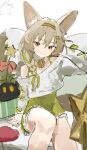  1girl animal_ear_fluff animal_ears arknights arm_support bare_shoulders beanstalk_(arknights) beanstalk_(gift_uncompleted)_(arknights) bell braid brown_hair closed_mouth collarbone commentary_request ema_(kuguiema) feet_out_of_frame green_hairband green_ribbon green_skirt grey_shirt hair_between_eyes hair_ornament hair_ribbon hairband hairclip highres long_hair long_sleeves looking_at_viewer off_shoulder red_eyes ribbon shirt simple_background single_braid sitting skirt smile solo star_(symbol) white_background 