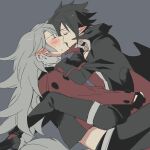  2boys black_cape black_choker black_gloves black_hair black_pants blush cape choker closed_eyes cropped_jacket disgaea ear_blush facing_another fenrich_(disgaea) from_side gloves grey_background grey_hair hair_between_eyes hand_on_another&#039;s_ear jacket kiss long_hair makai_senki_disgaea_4 male_focus messy_hair multiple_boys nervous_sweating open_mouth pants pointy_ears red_jacket sat0_u0 short_hair sitting sitting_on_lap sitting_on_person sketch spiked_hair sweat tail torn_cape torn_clothes valvatorez_(disgaea) vampire werewolf white_gloves wolf_tail yaoi 