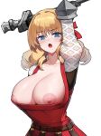  1girl absurdres arm_up blonde_hair blue_eyes blush breasts collarbone dishui_tangni dress drill_hair hair_intakes highres holding holding_staff holding_weapon large_breasts long_hair looking_at_viewer nipple_slip nipples open_mouth puffy_nipples red_dress scarlett_(unicorn_overlord) shiny_skin solo staff unicorn_overlord upper_body weapon white_background 
