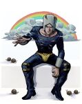  1boy absurdres blue_eyes cloud commentary fake_horns frown full_body hat highres horned_headwear horns hunched_over jojo_no_kimyou_na_bouken ma2_ereki male_focus rainbow serious sitting snail solo stone_ocean symbol-only_commentary v-shaped_eyebrows weather_report 