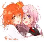  2girls ahoge artist_name between_breasts black_shirt blush breasts chaldea_uniform fate/grand_order fate_(series) fujimaru_ritsuka_(female) glasses grey_jacket hair_between_eyes hair_ornament hair_over_one_eye hair_scrunchie heart hug jacket light_blush looking_at_viewer mash_kyrielight matori_(penguin_batake) medium_breasts medium_hair multiple_girls necktie necktie_between_breasts one_side_up open_clothes open_jacket open_mouth orange_eyes orange_hair orange_scrunchie partially_unzipped pink_hair purple_eyes red_necktie round_eyewear scrunchie shirt short_hair side_ponytail signature simple_background smile teeth twitter_username upper_body upper_teeth_only white_background wing_collar yuri 