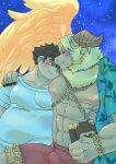  abs angel anthro azazel_(tas) blonde_hair blush bovid brown_hair caprine chain chubby_protagonist_(tas) duo goat hair hi_res horn human kusarikakemono lifewonders male male/male mammal muscular muscular_anthro muscular_male overweight pecs protagonist_(tas) tokyo_afterschool_summoners video_games wings 